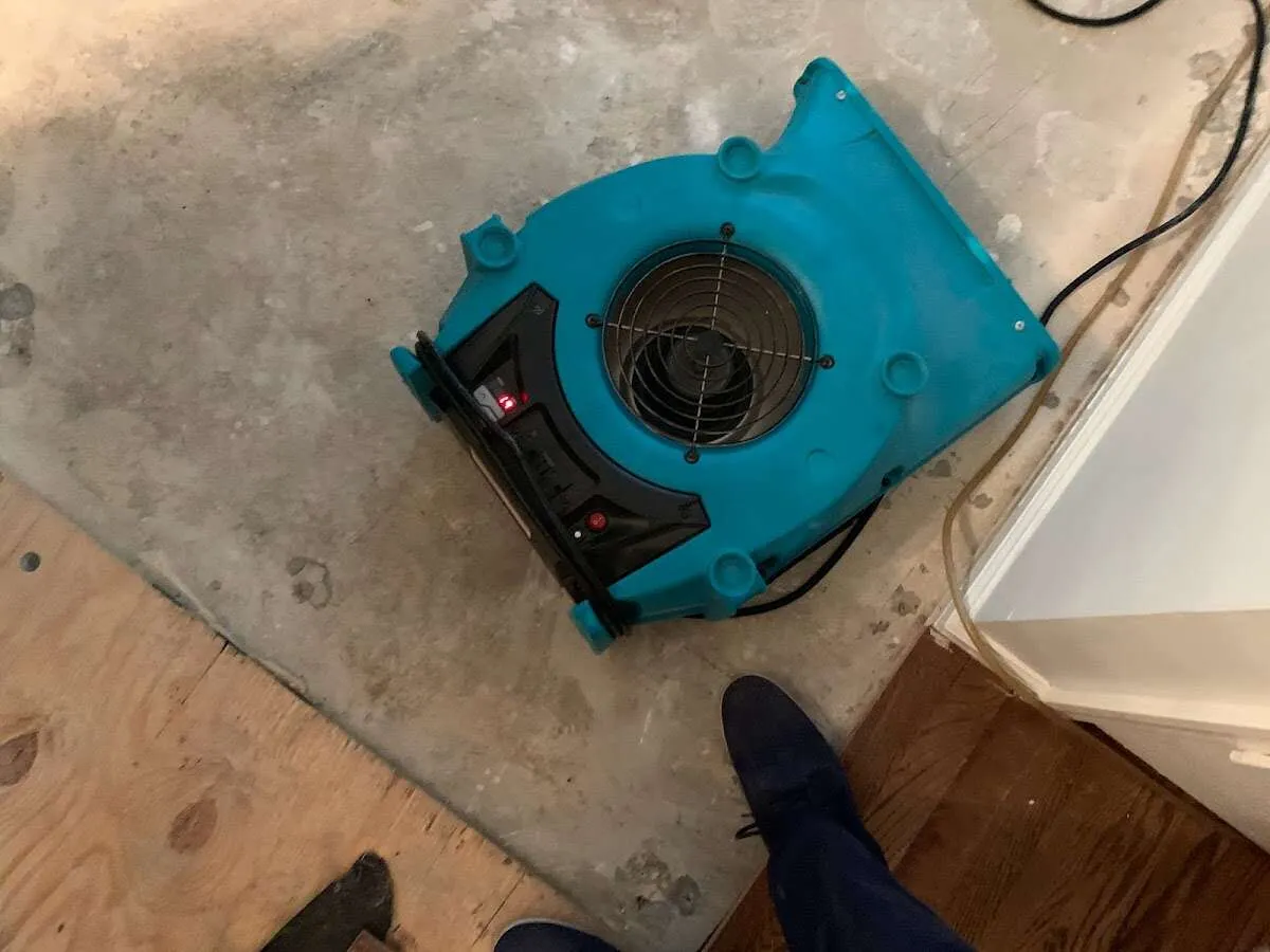 Air mover drying subfloor during Commercial Water Damage Restoration in Dock Junction